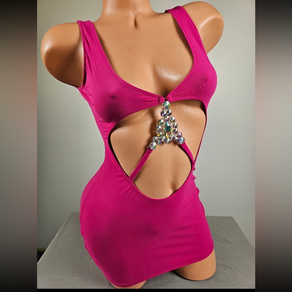 Fuchsia Rhinestone Cut Out Cleavage Mini Dress